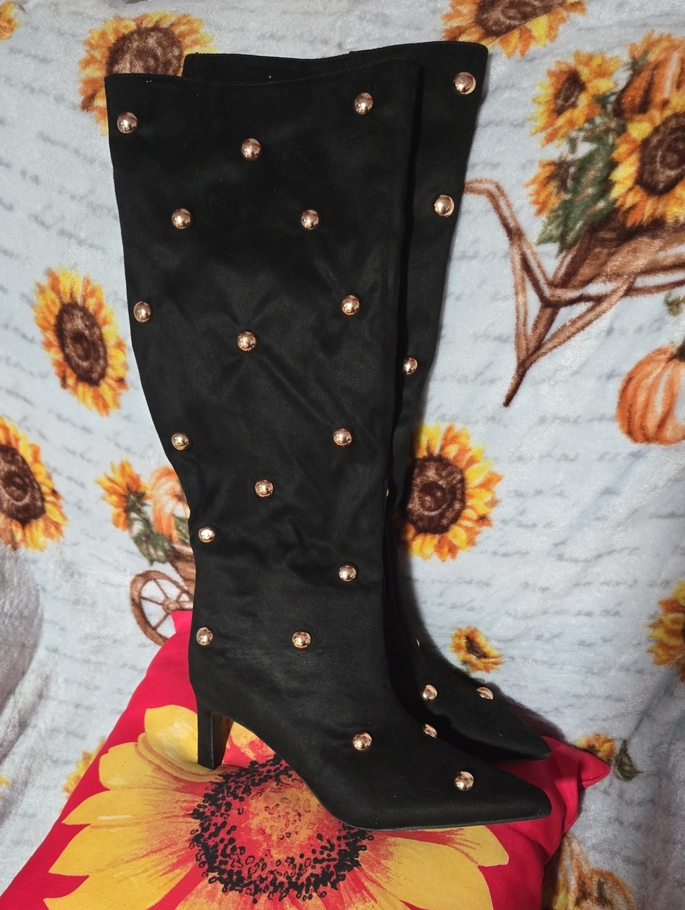 a new day Black Knee-High Heeled Boots with Gold Studs